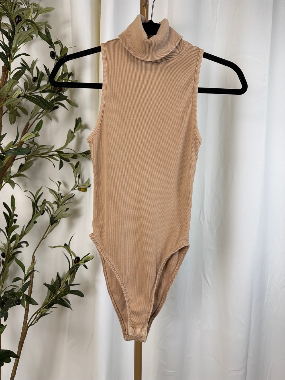 Zara Cotton Sleeveless Turtleneck Ribbed Bodysuit in Beige Tan Sz S (T4)
